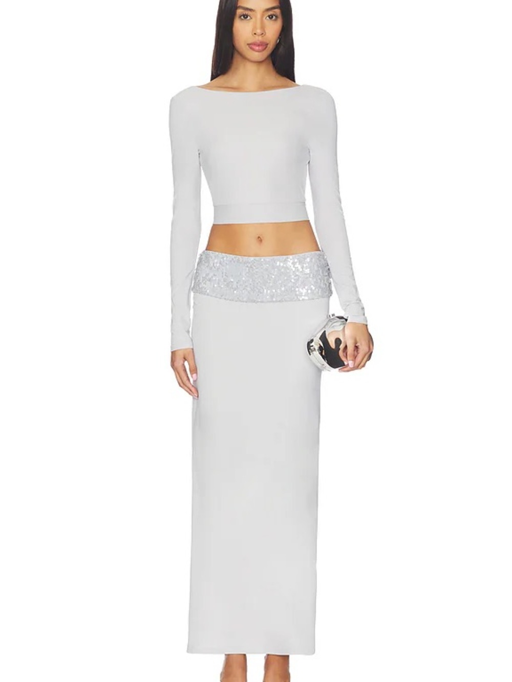 superdown Backless Silver Maxi Skirt Set with Sequin Waistband